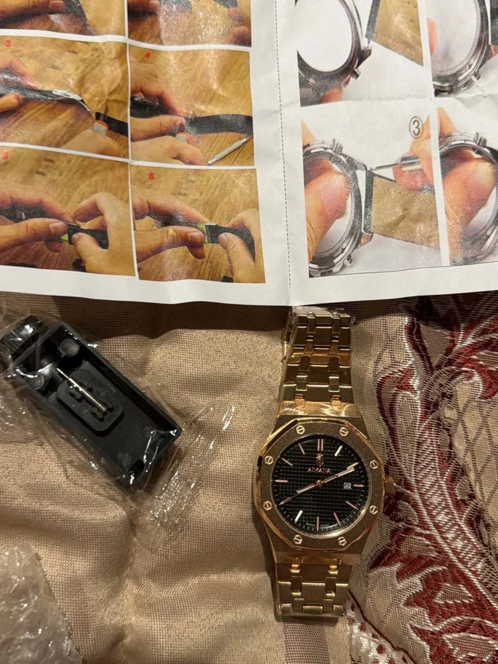 Aimana Gold Tone Bracelet Watch with Black Dial with tool